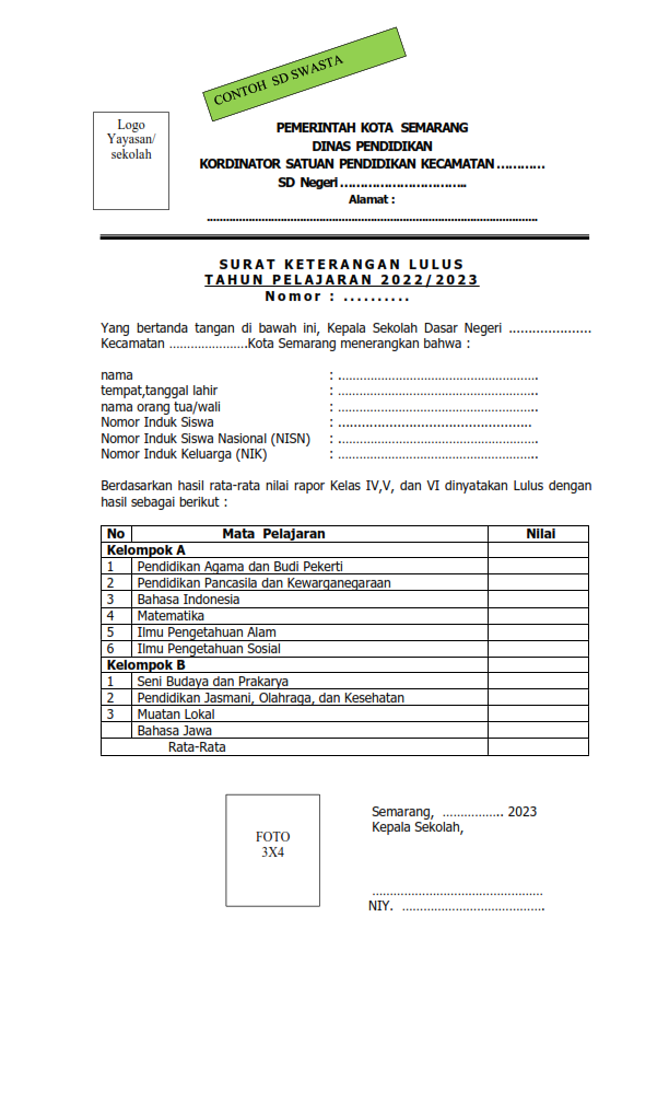 Surat Keterangan Lulus SD Swasta 2023